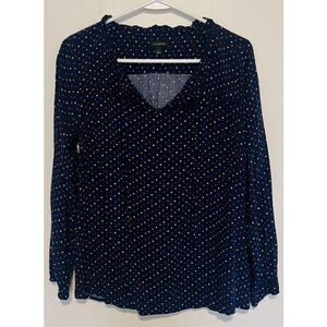 Talbots Dot Tie Neck Blouse Women’s Small Navy Red Yellow Spring Ruffle Top
